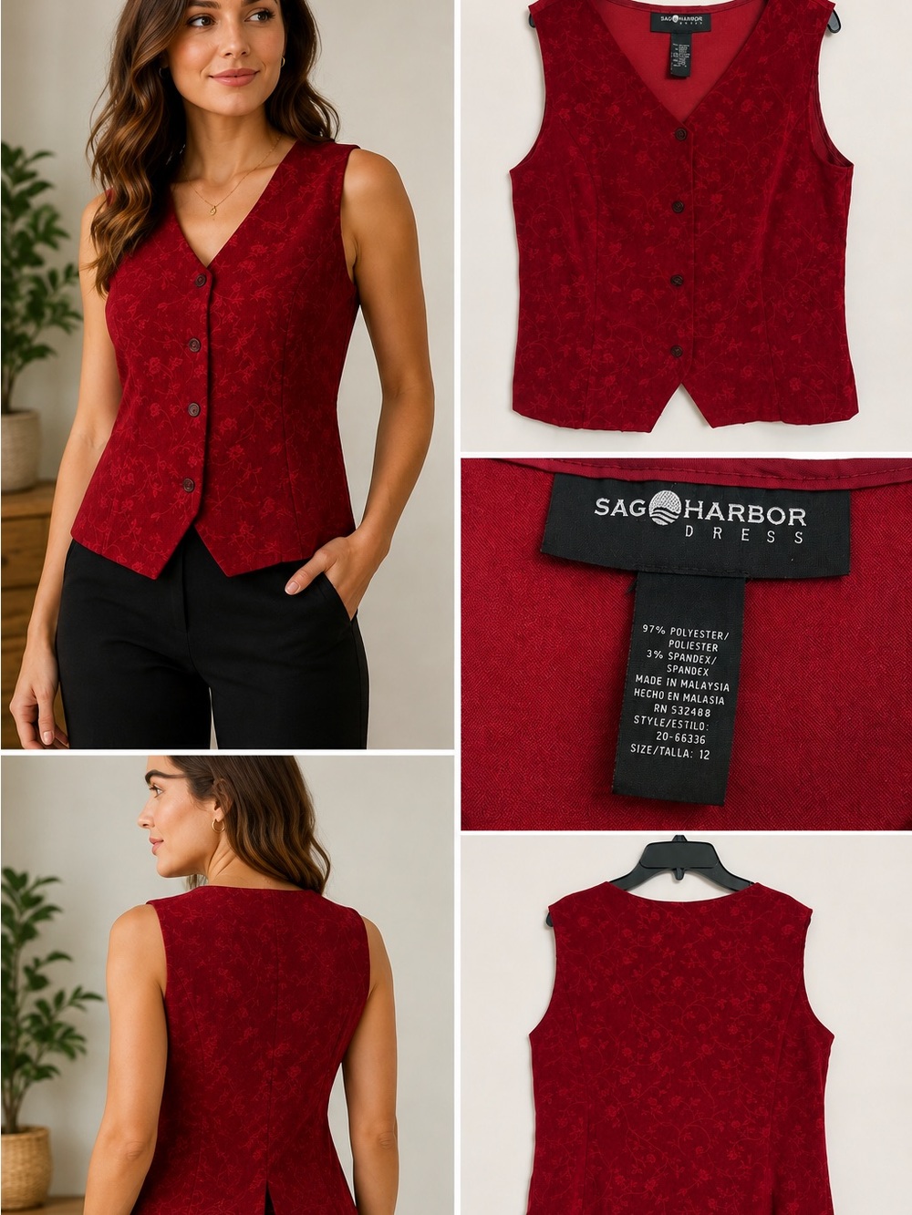 Sag Harbor Dress Women’s Size 12 Red Floral Button Front V-Neck Sleeveless Vest